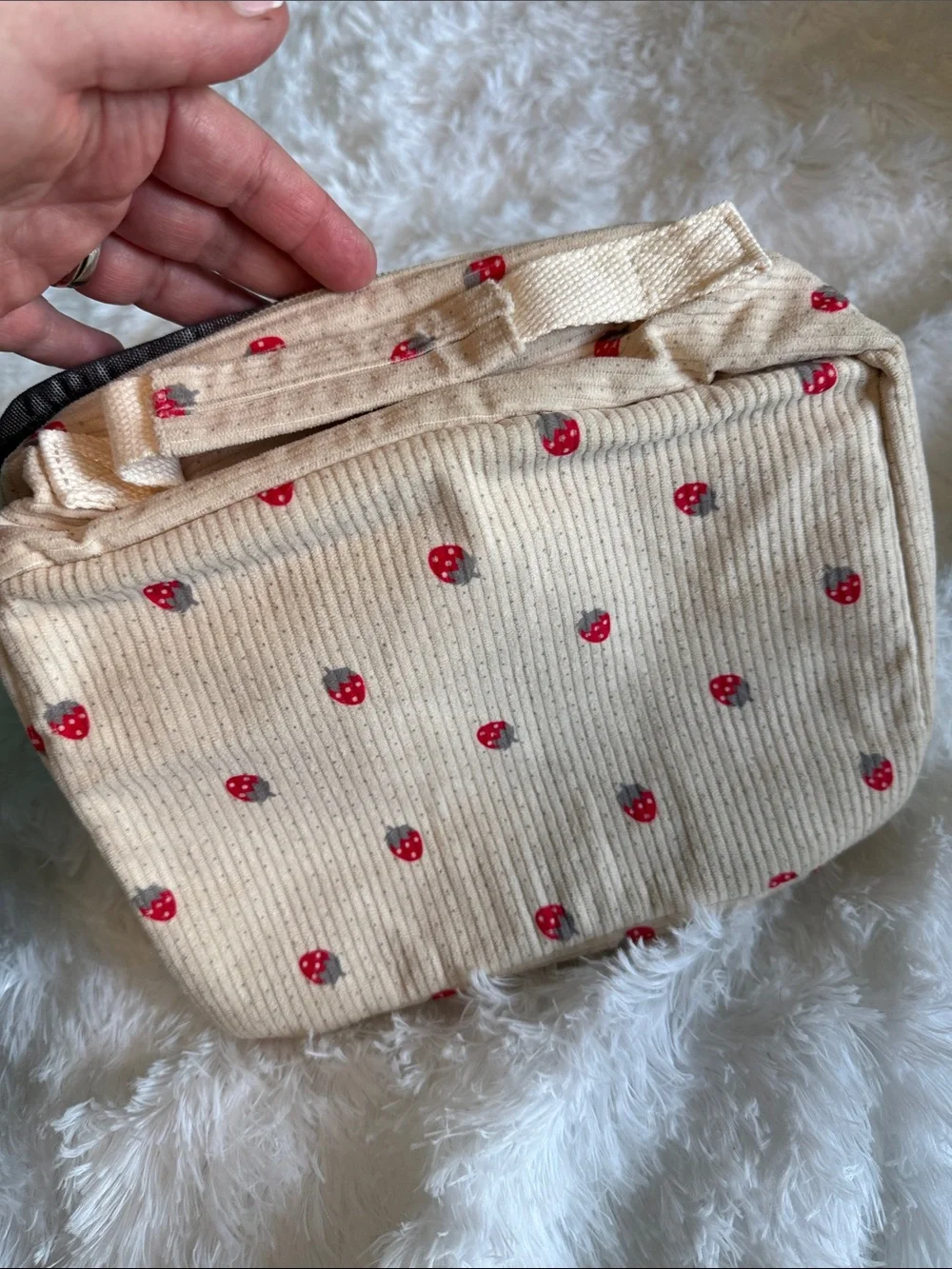 Cream Strawberry Print Cosmetic Pouch